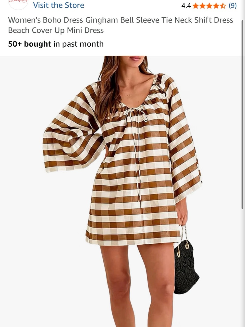 Gingham Bell Sleeve Tie-Neck Shift Dress in Brown & White
